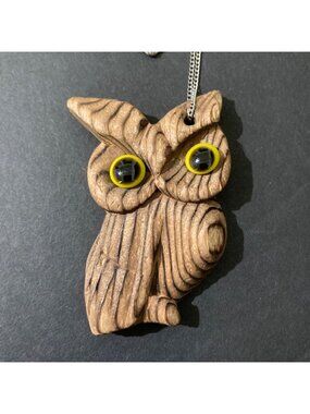 Wood Cryptomeria Owl Pendant Necklace With Chain